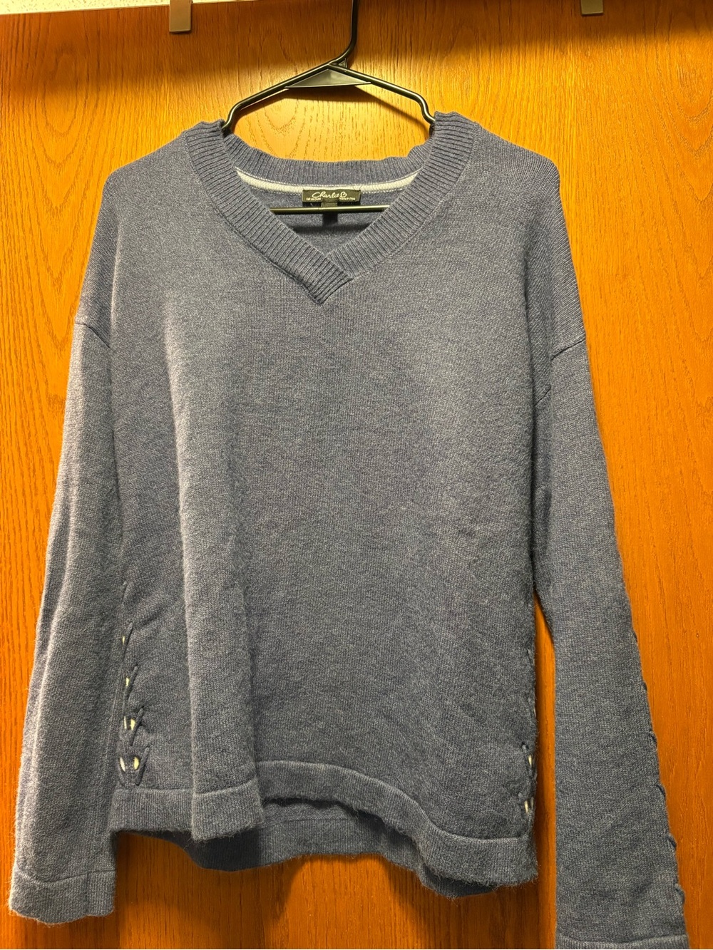 CHARLIE B V-Neck Sweater in Dusty Blue with Side Lace-Up
